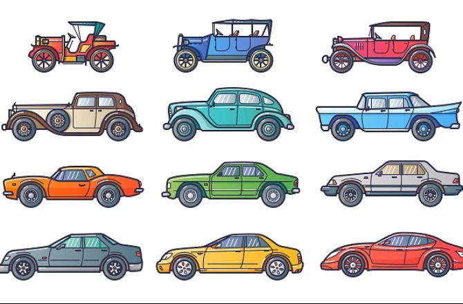 a progression of cars showingvisual style from year 1900 to year 2020.