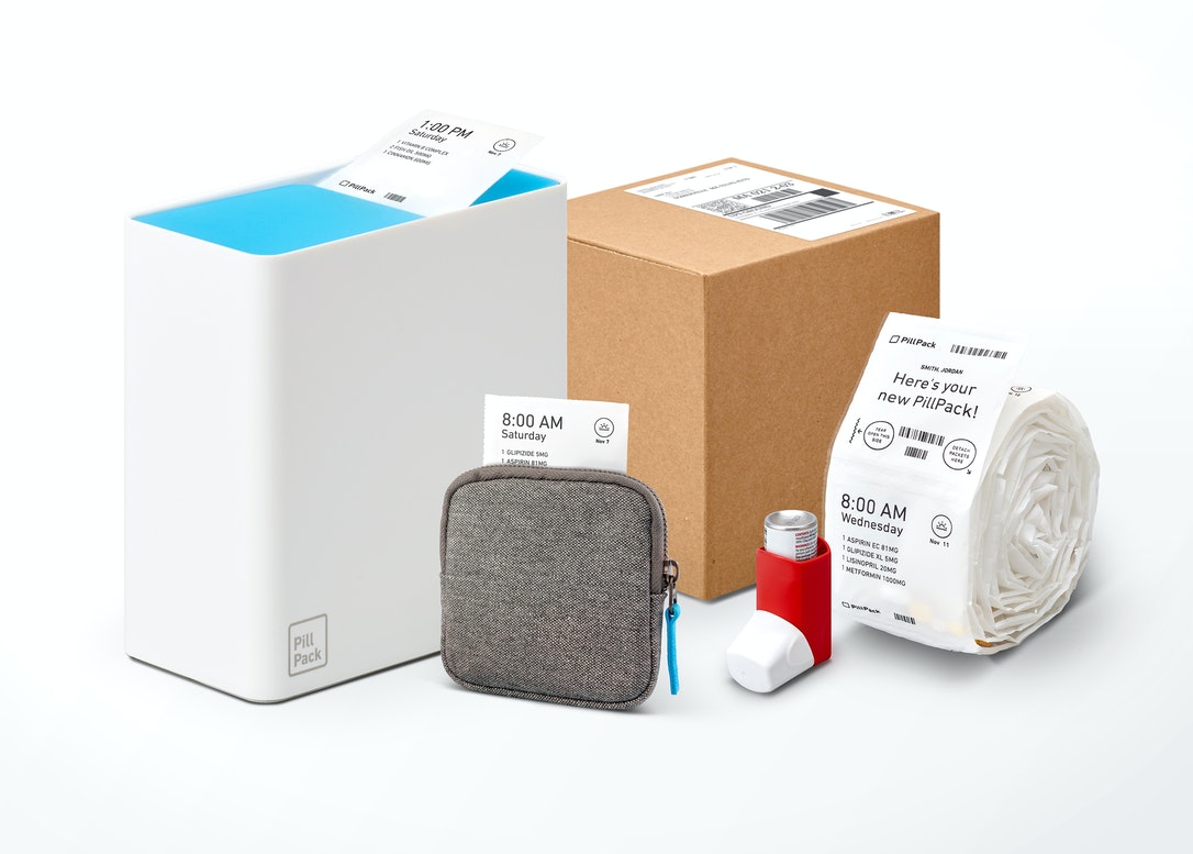 the pillpack printer, labels, shipping boxes, and example pill big and inhaler