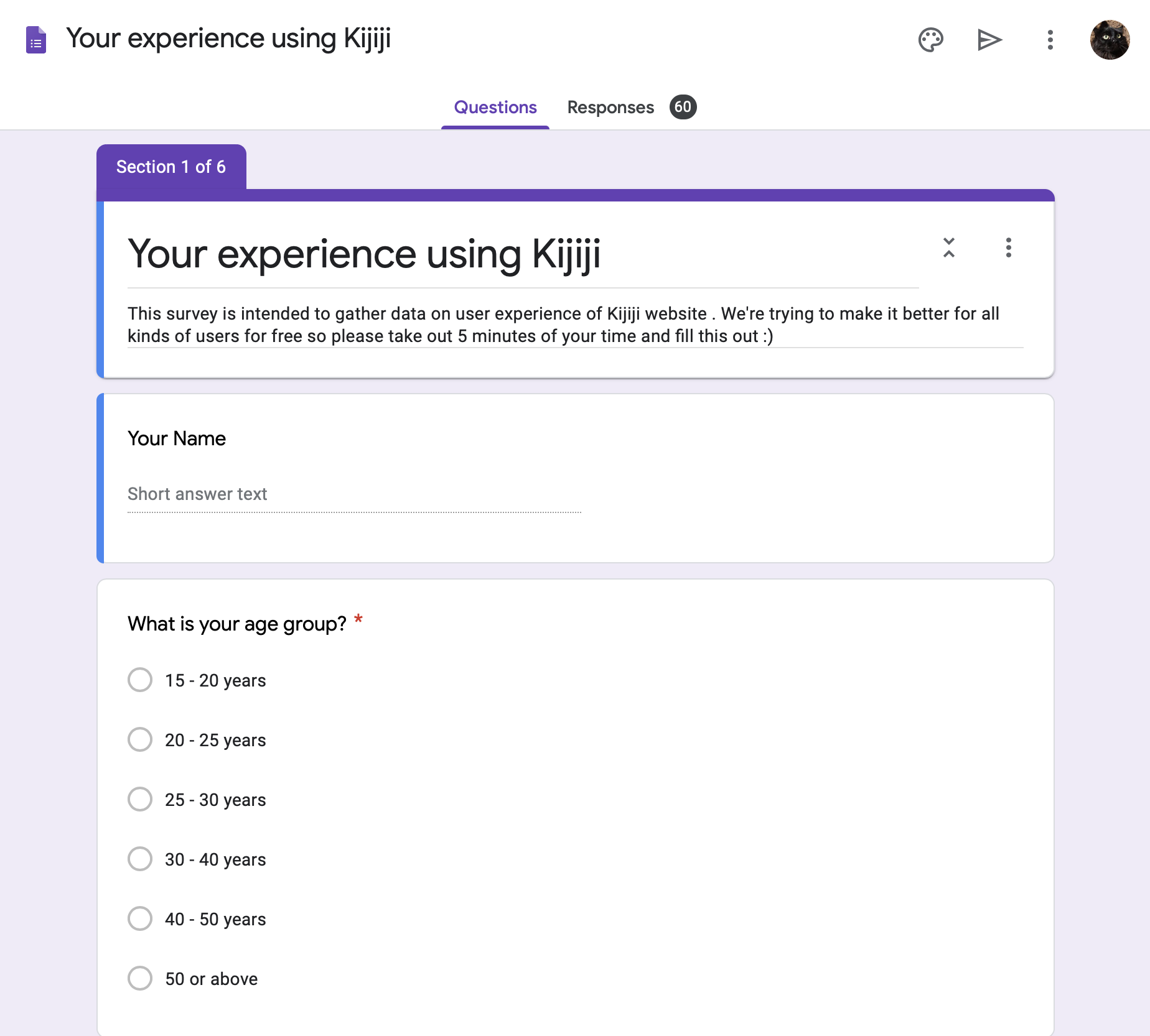 sreencapture of a google forms survey titled: Your Experience Using Kijiji. The first two quetions are visible and ask for the name and age of the participant.