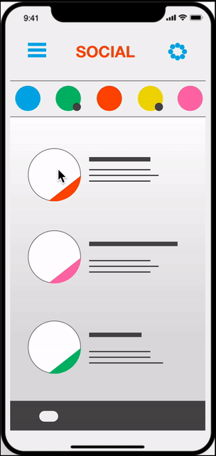 an animated gif showing a paper prototype of a social app using wizard of oz method. When a fake paper button is pressed, another hand comes in and drops a new drawing repsenting the screen accessed by pressing the button.