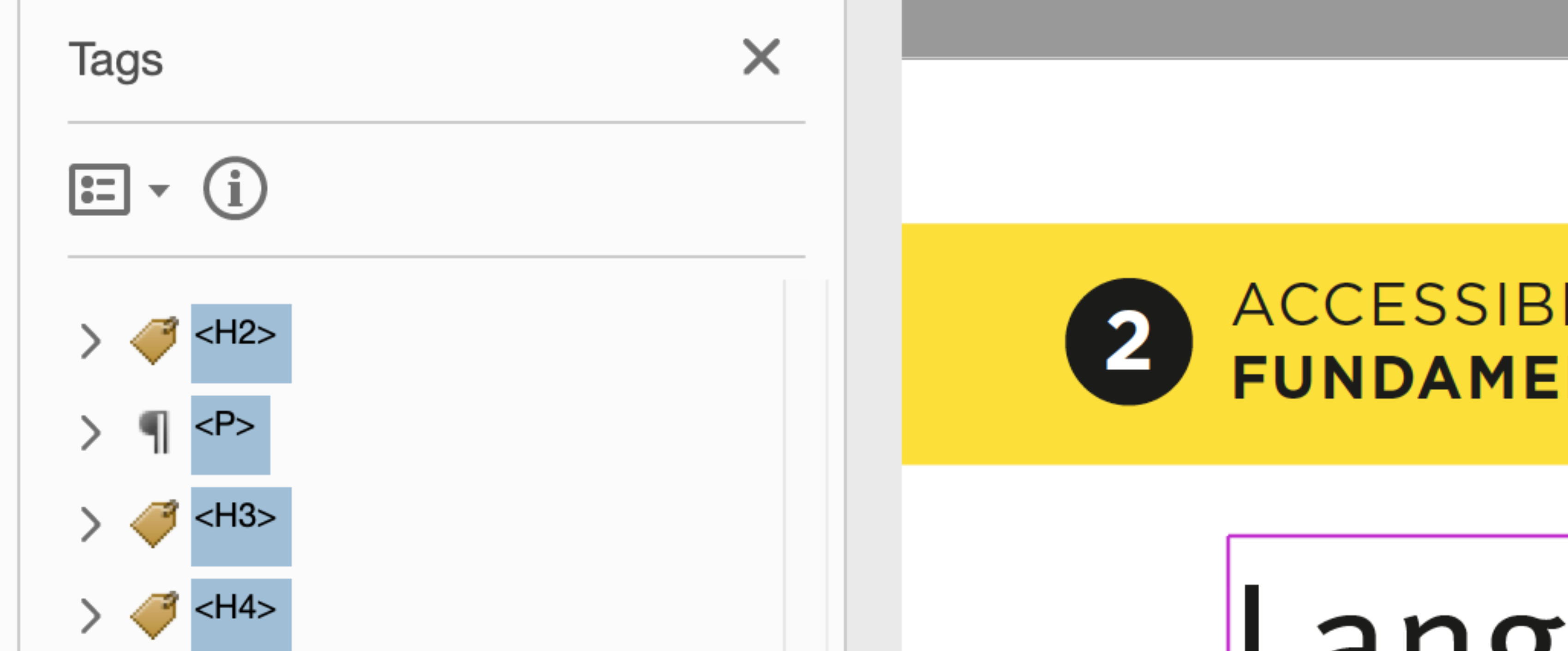 close up of adobe acrobat's tag panel showing the h2, h3, h4 and p tags