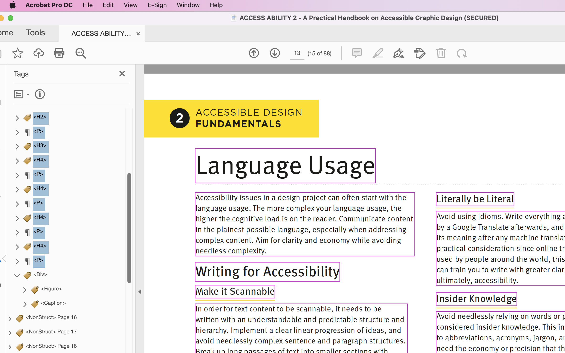 adobe acrobat's tag panel showing the h2, h3, h4 and p tags in a document