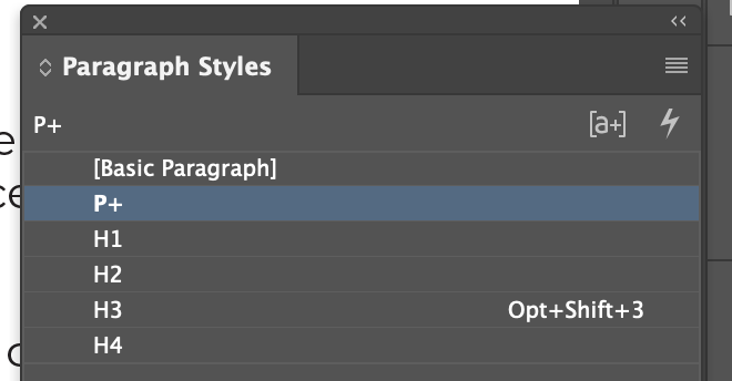 paragraph styles panel where the P style has a plus sign beside it